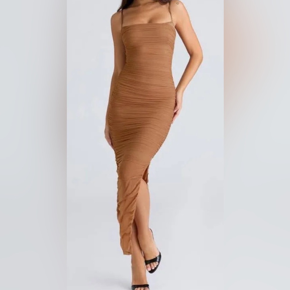 Ruched Brown Dress with Spaghetti Straps - Picture 2 of 3